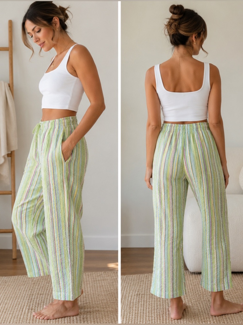 Striped Light Green Wide-Leg Lounge Pants with Drawstring